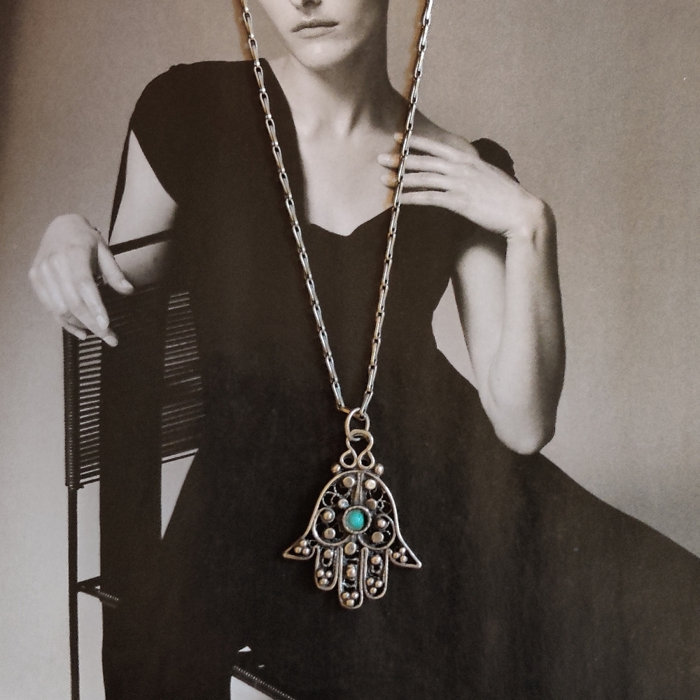 Vintage Hamsa Hand silver necklace
